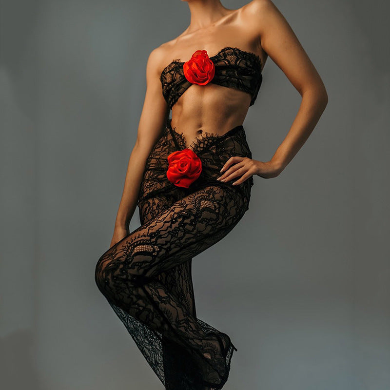Women's Floral Lace See-Through Tube Top Jumpsuit