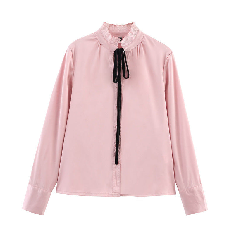 Satin Chiffon Flounce Trim Lace Up Long Sleeve Shirt