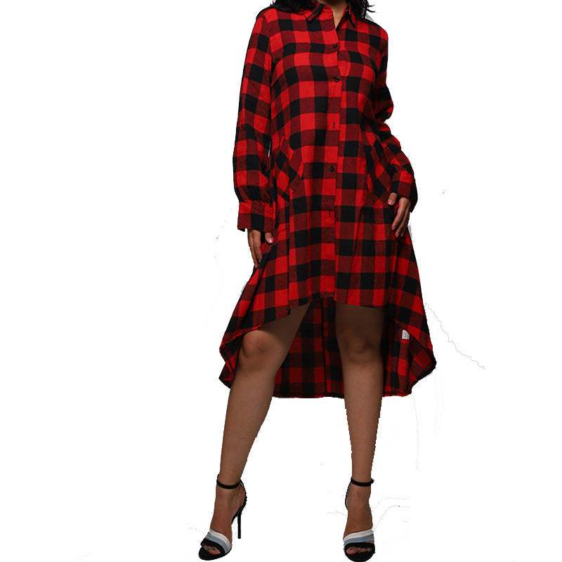 Boyfriend Style Casual Pocket Long Sleeve Plaid Polo Shirt Irregular Coat