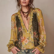 Zip-front Pleated Floral Chiffon Blouse