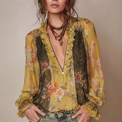 Zip-front Pleated Floral Chiffon Blouse