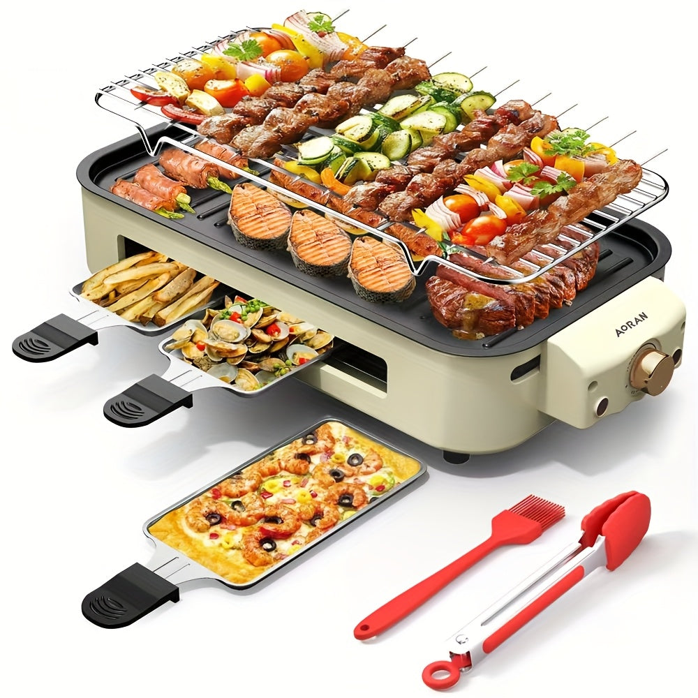 Kitchen Electric Barbecue Grill, Fully Detachable, With Frying Pan And Grille, Three Hand Trays, Non-stick And Easy To Clean, Made Of Stainless Steel, Adjustable Temperature, Power 1500W, Waffle...