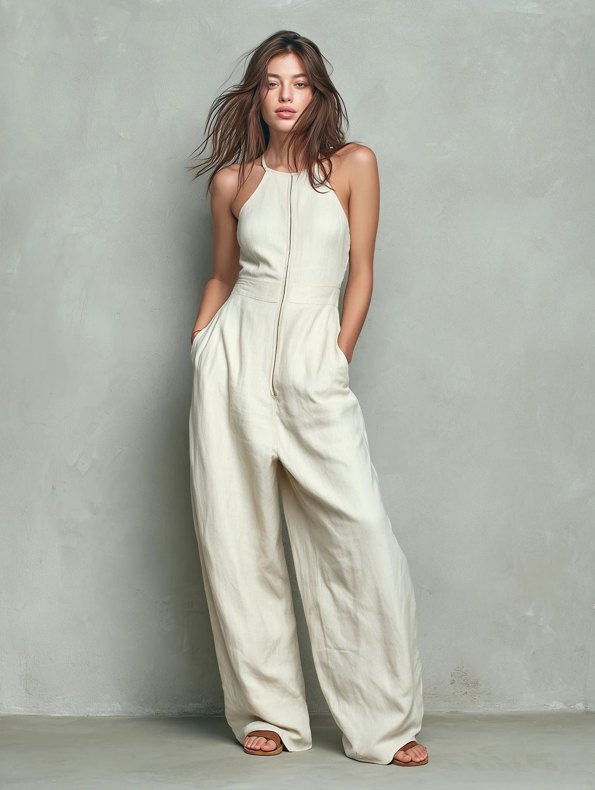 Women's Solid Zip-Front Backless Wide-Leg Jumpsuit