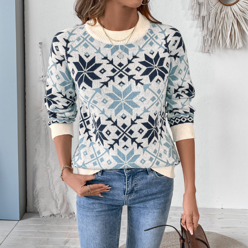 Retro Nordic Style Long Sleeve Round Neck Snowflake Geometric Pattern Sweater