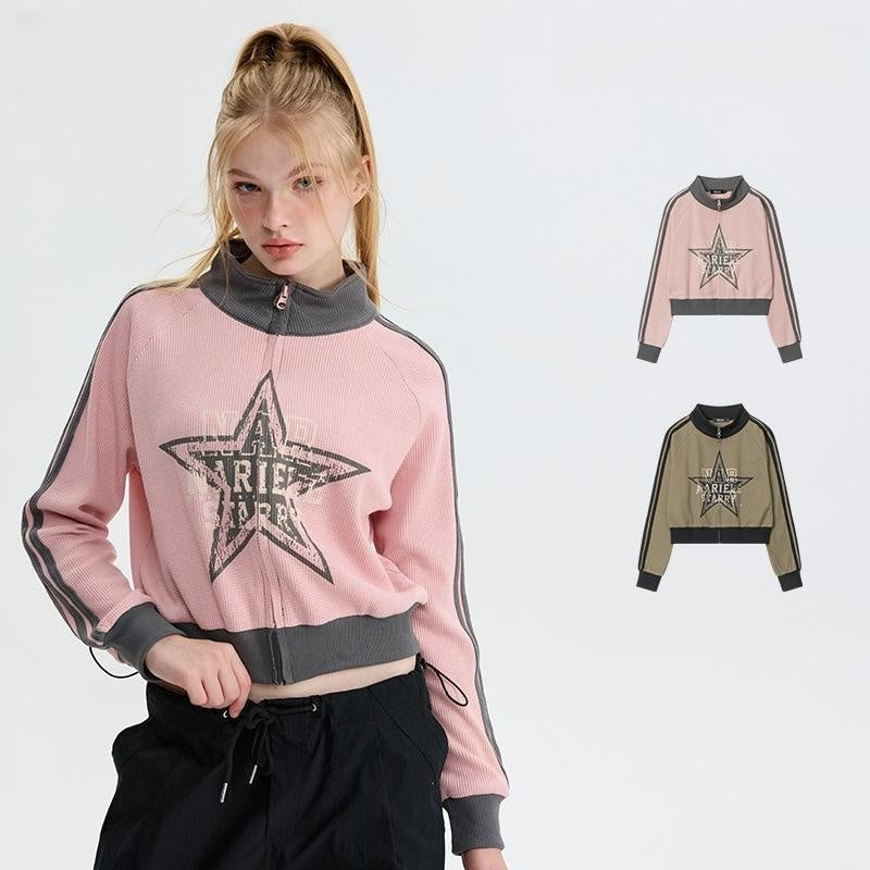 Retro Pink Star Contrast-Trim Cardigan Sweater