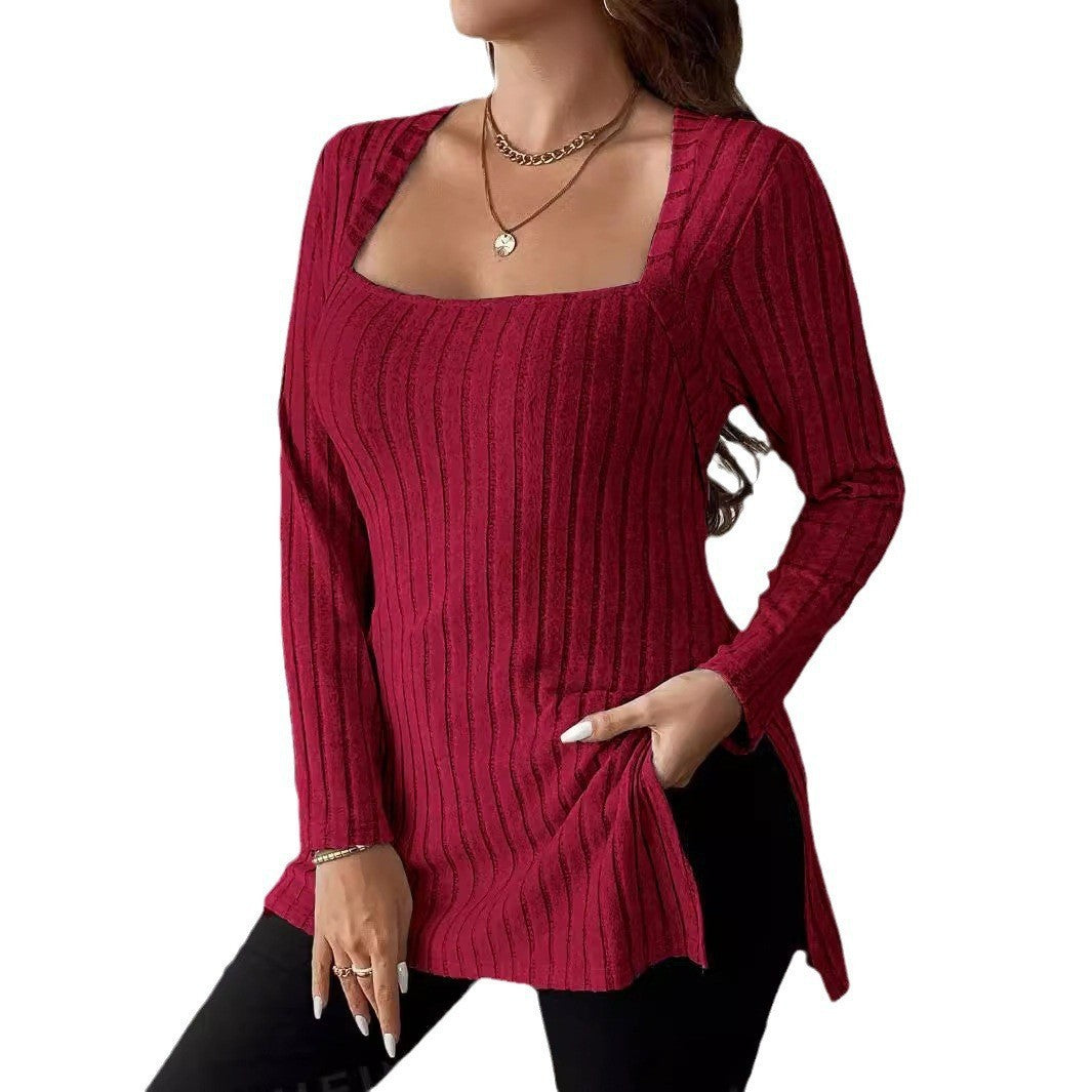 Rib Fabric Brushed Square Collar Long Sleeve Top