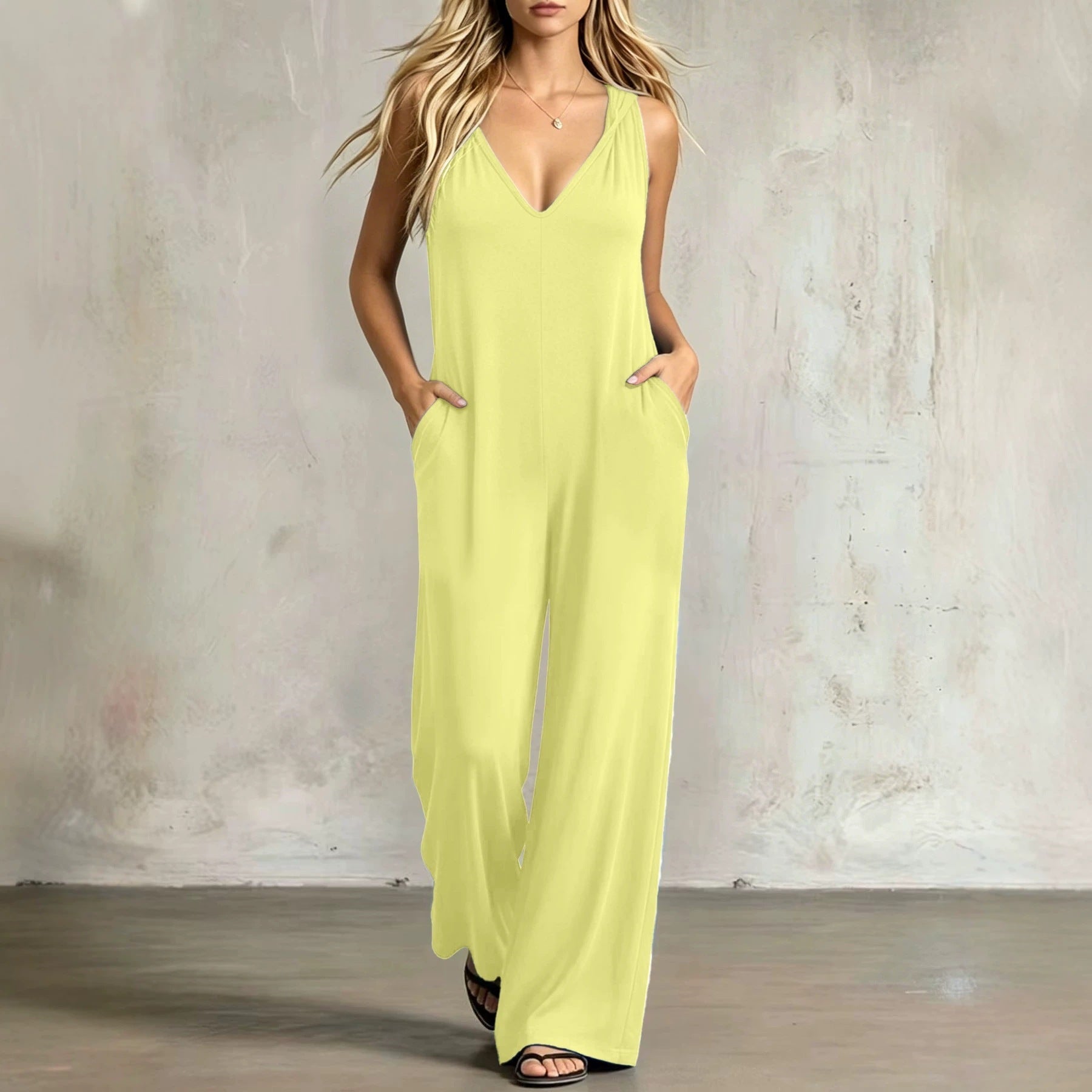 Simple V-neck Pocket Solid-color Hooded Jumpsuit