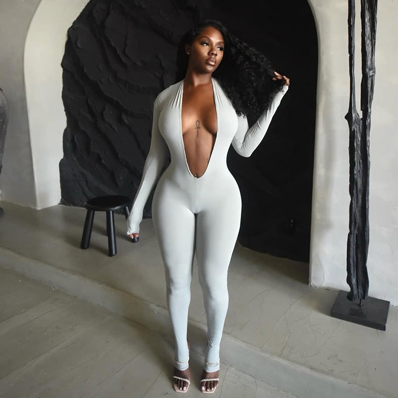Sexy Backless Deep V Long Sleeve Tight Jumpsuit