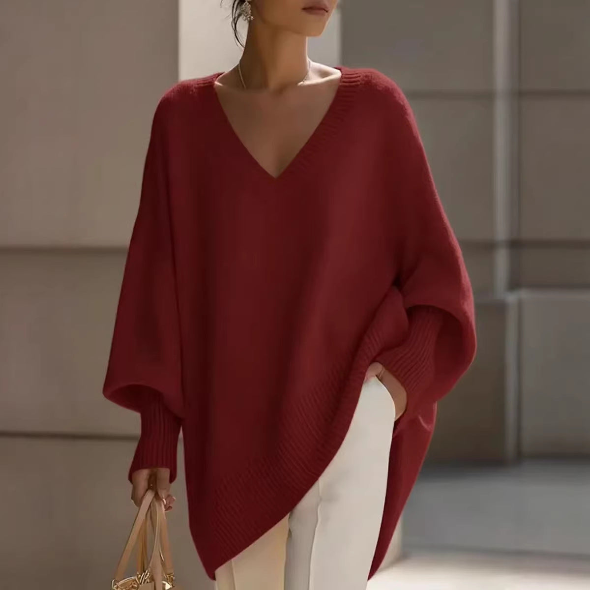 Solid-color Long-sleeve V-neck Laid-back Style Womens Sweater Top