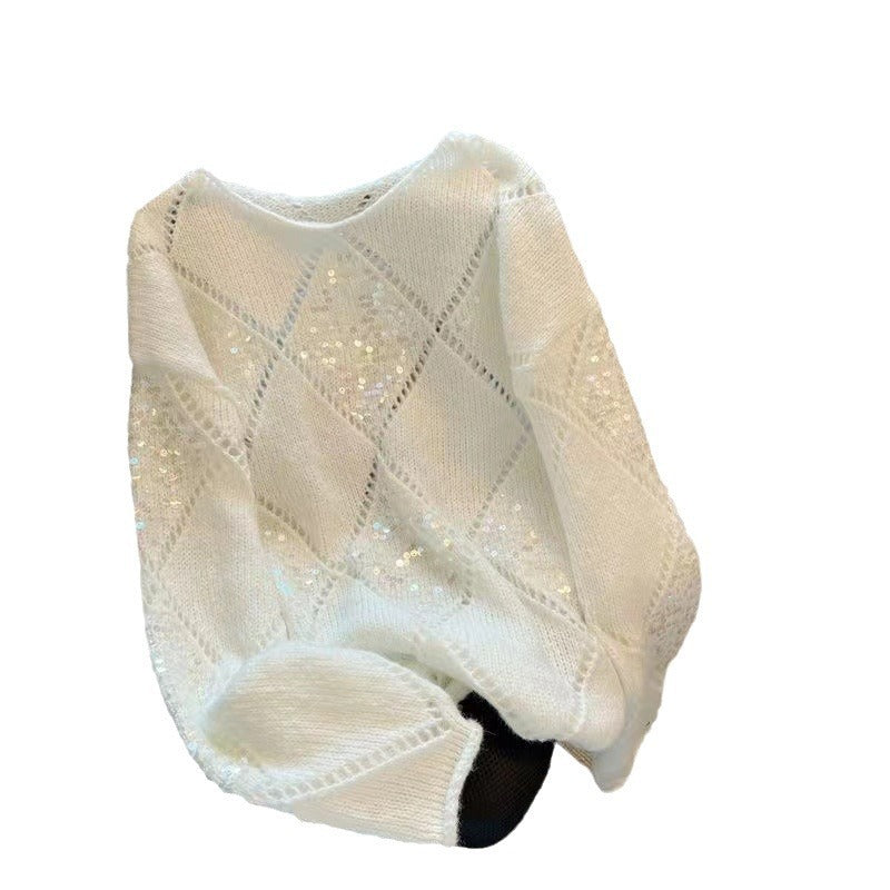 Heavy-duty Sequin Loose and Laid-back Thin Sweater with Patchwork Long Sleeves