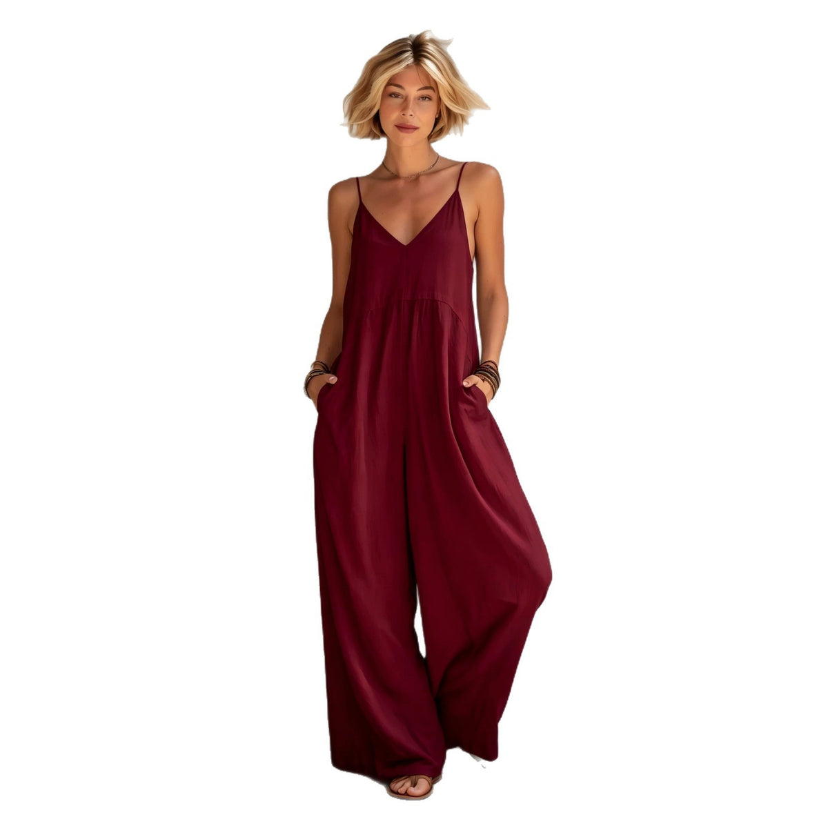 SpringSummer New Womens Solid-Color Cotton-Linen V-Neck Lace-Up Suspender Wide-Leg Jumpsuit