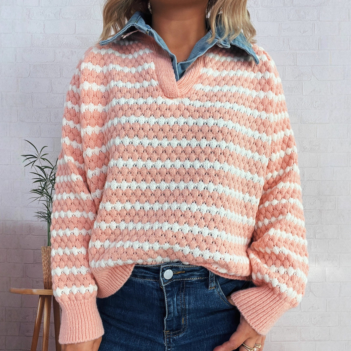 Women's Denim Patchwork Lapel Knitted Stripe Color Block Fake Two-piece Sweater