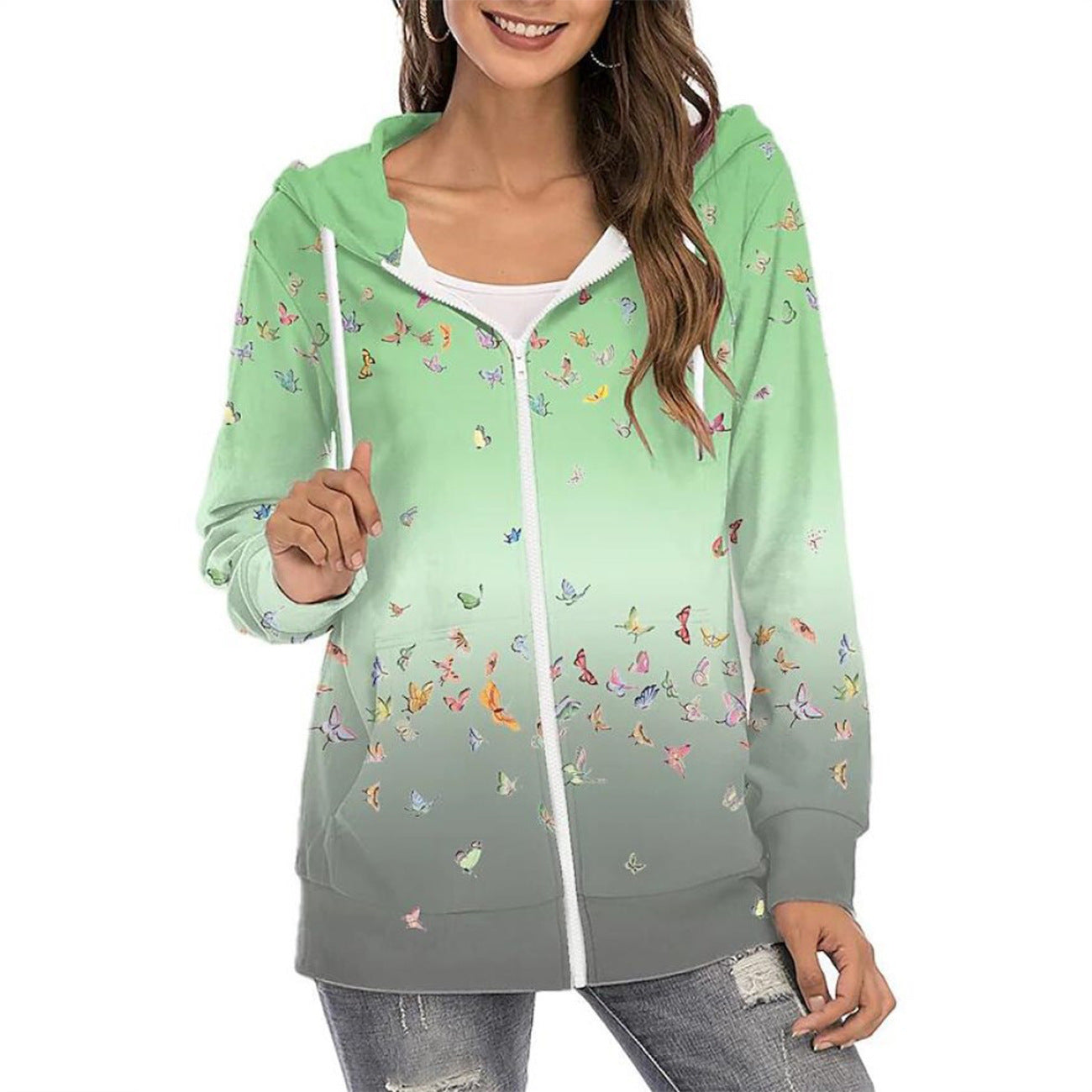Women's Gradient Floral Print Zipper Commuter Hoodie