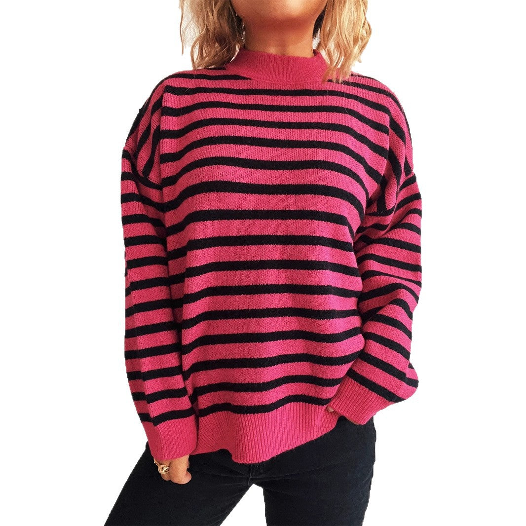 New Contrast Color Striped Knitted Sweater for Women
