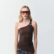 Slim-Fit One-Shoulder Silver Buckle Top – Summer Street Style