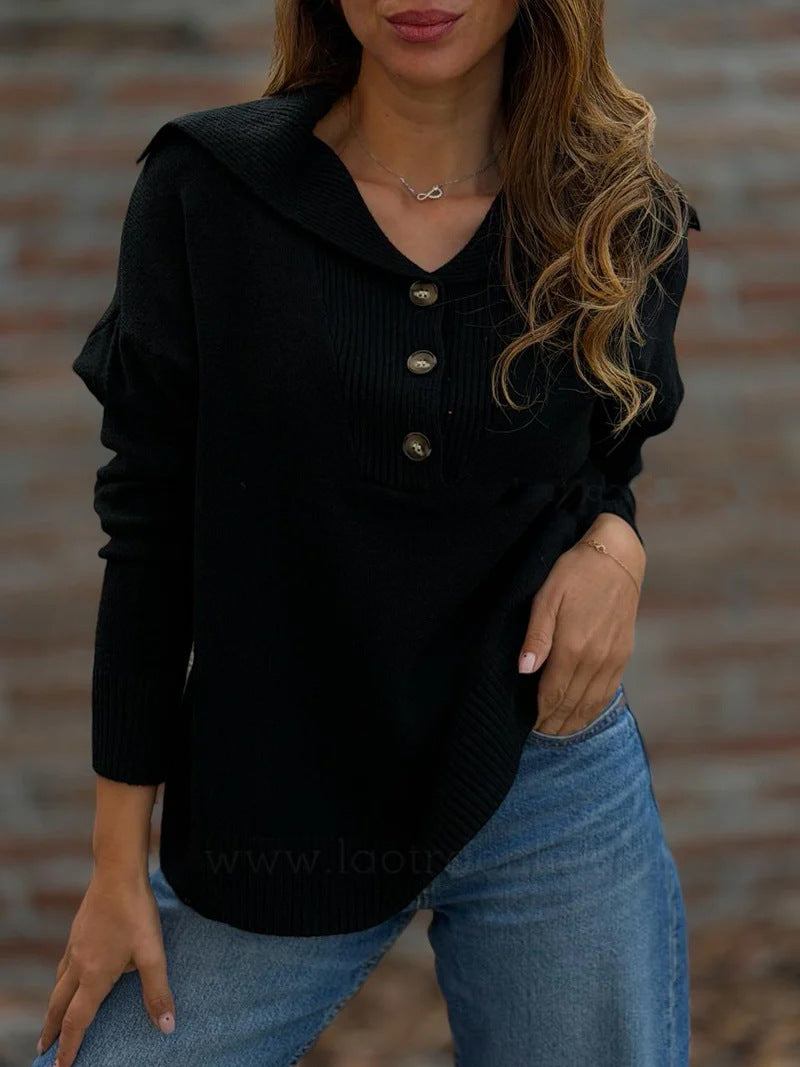 Womens Solid-color Sweater with Buttoned Lapel and Loose-fitting Long Sleeves