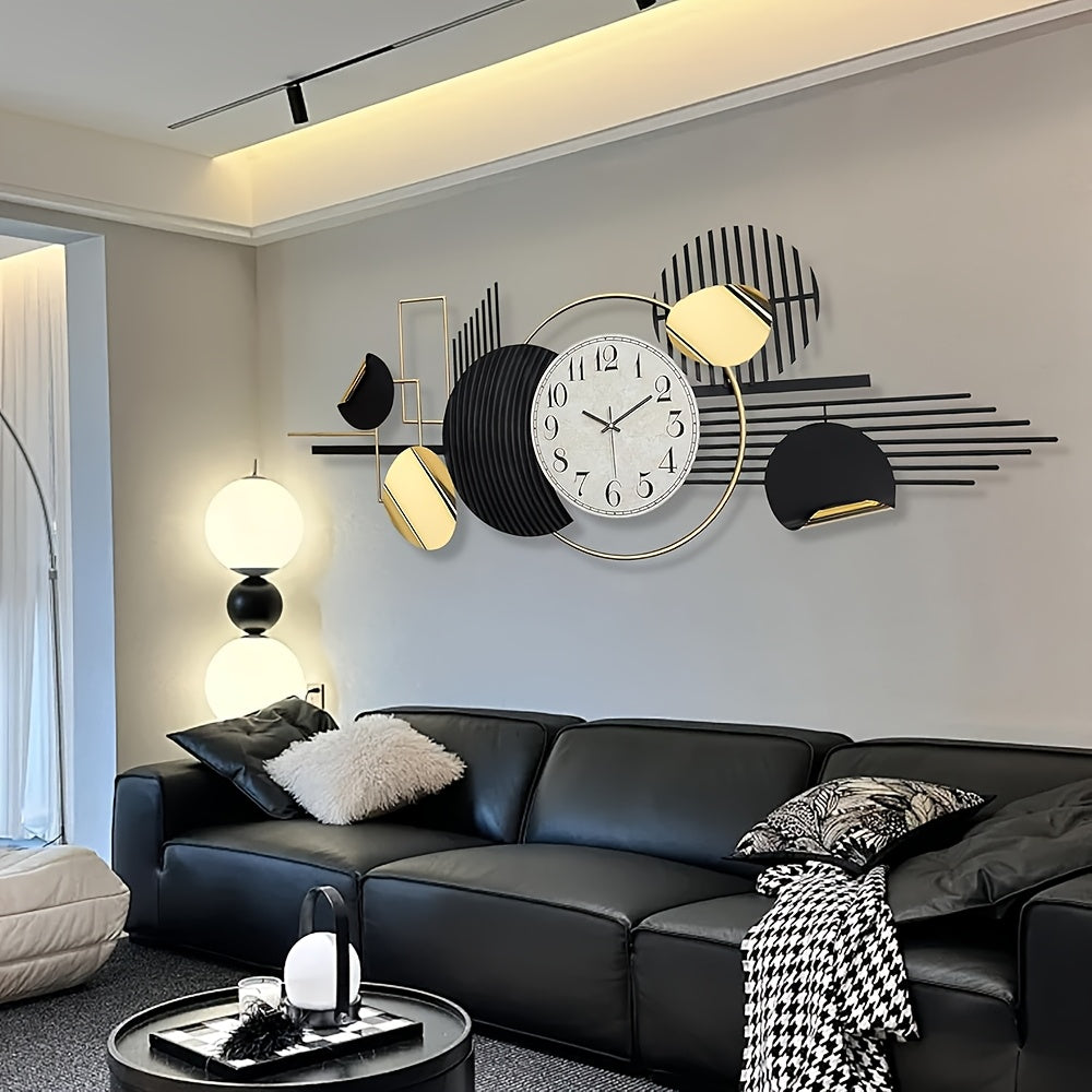 [Modern Metal Wall Clock] Large 56" X 24" Metal Wall Clock | Black And White Abstract Modern Geometric Round Wall Art, 3D Sculpture Decoration for Living Room, Bedroom, Dining Room, Home - Hanging Wall Decor