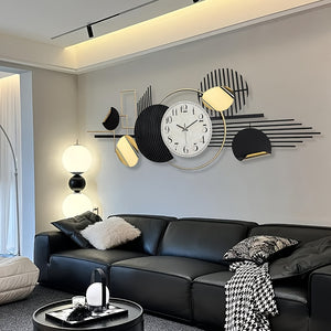 [Modern Metal Wall Clock] Large 56" X 24" Metal Wall Clock | Black And White Abstract Modern Geometric Round Wall Art, 3D Sculpture Decoration for Living Room, Bedroom, Dining Room, Home - Hanging Wall Decor