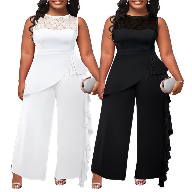 Elegant Plus-Size Straight-Leg Patchwork Jumpsuit