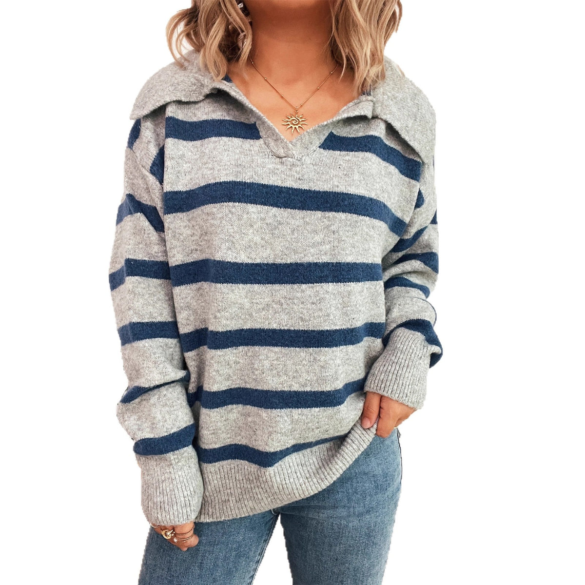Simple Commute Stripes Contrast Color Lapels Loose-fitting Long Sleeve Sweater