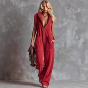 Women's Retro Hooded Zip-Up Casual Jumpsuit