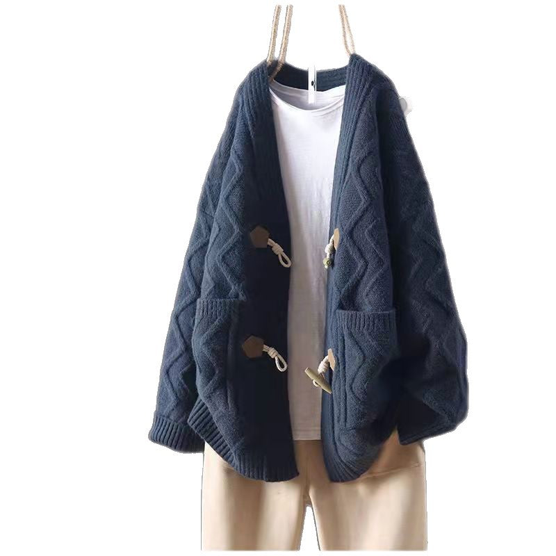 Loose Western Style All-match Horn Button Sweater for Women