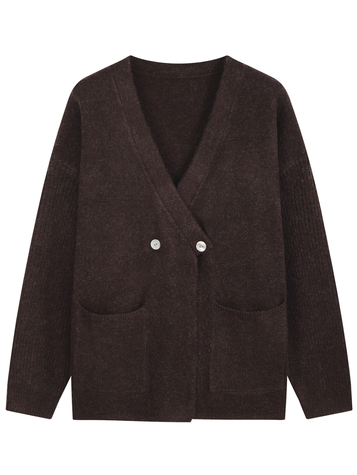 Ladies Irregular Wrap Front Two Buttons Drop Shoulder Knit Coat with Side Pockets