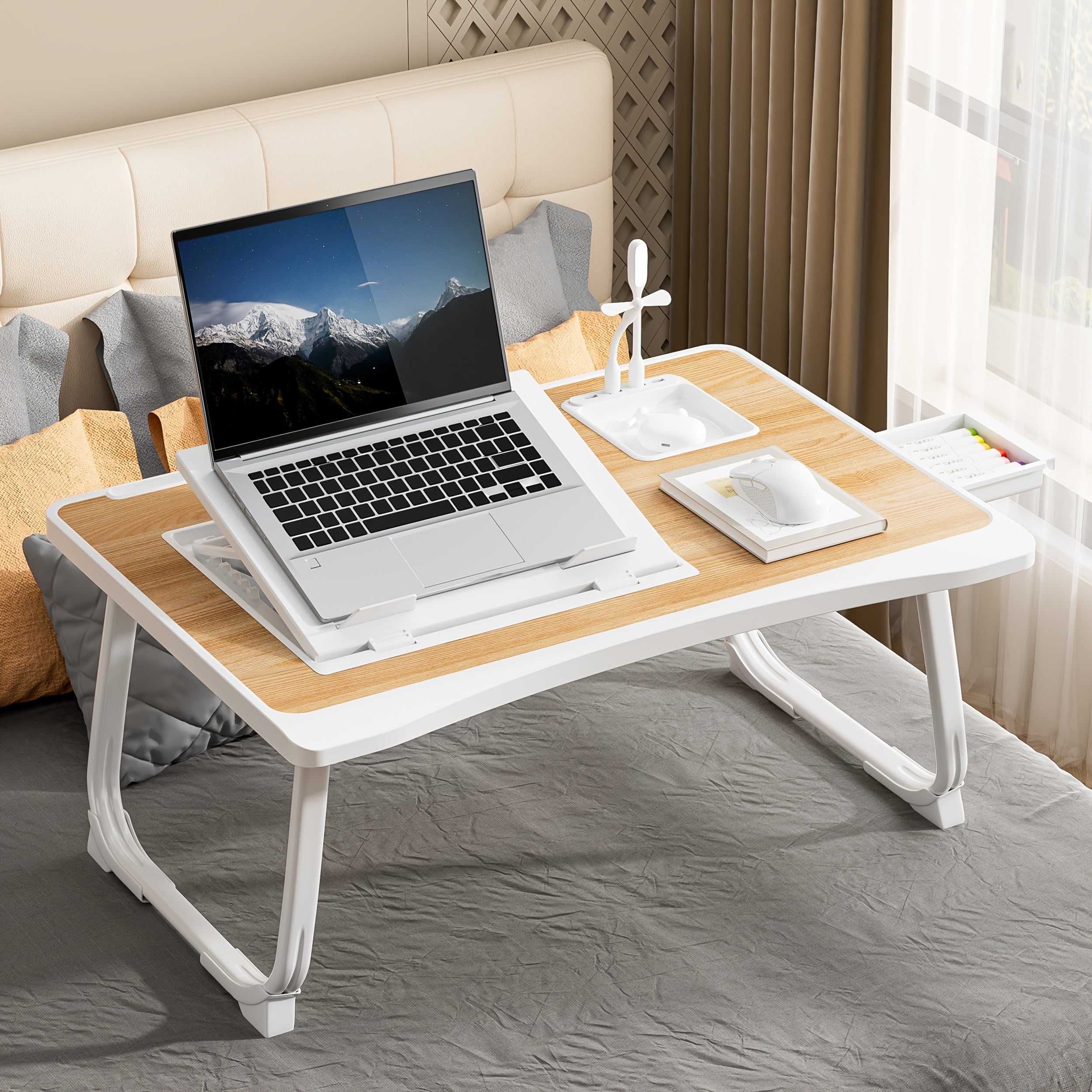 Portable Laptop Bed Table with Cup Holder & Multifunctional Tray