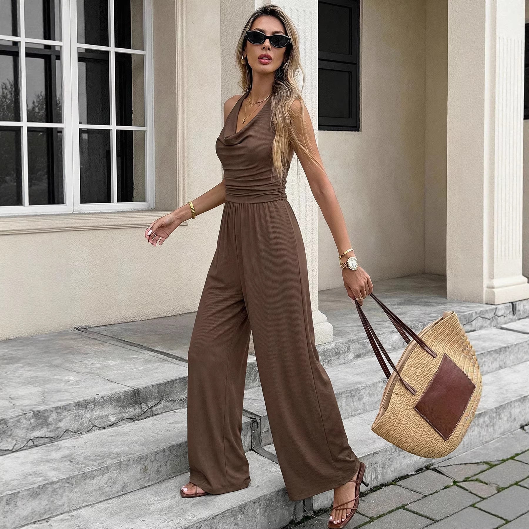 Elegant Halterneck Open-Back Textured Jumpsuit