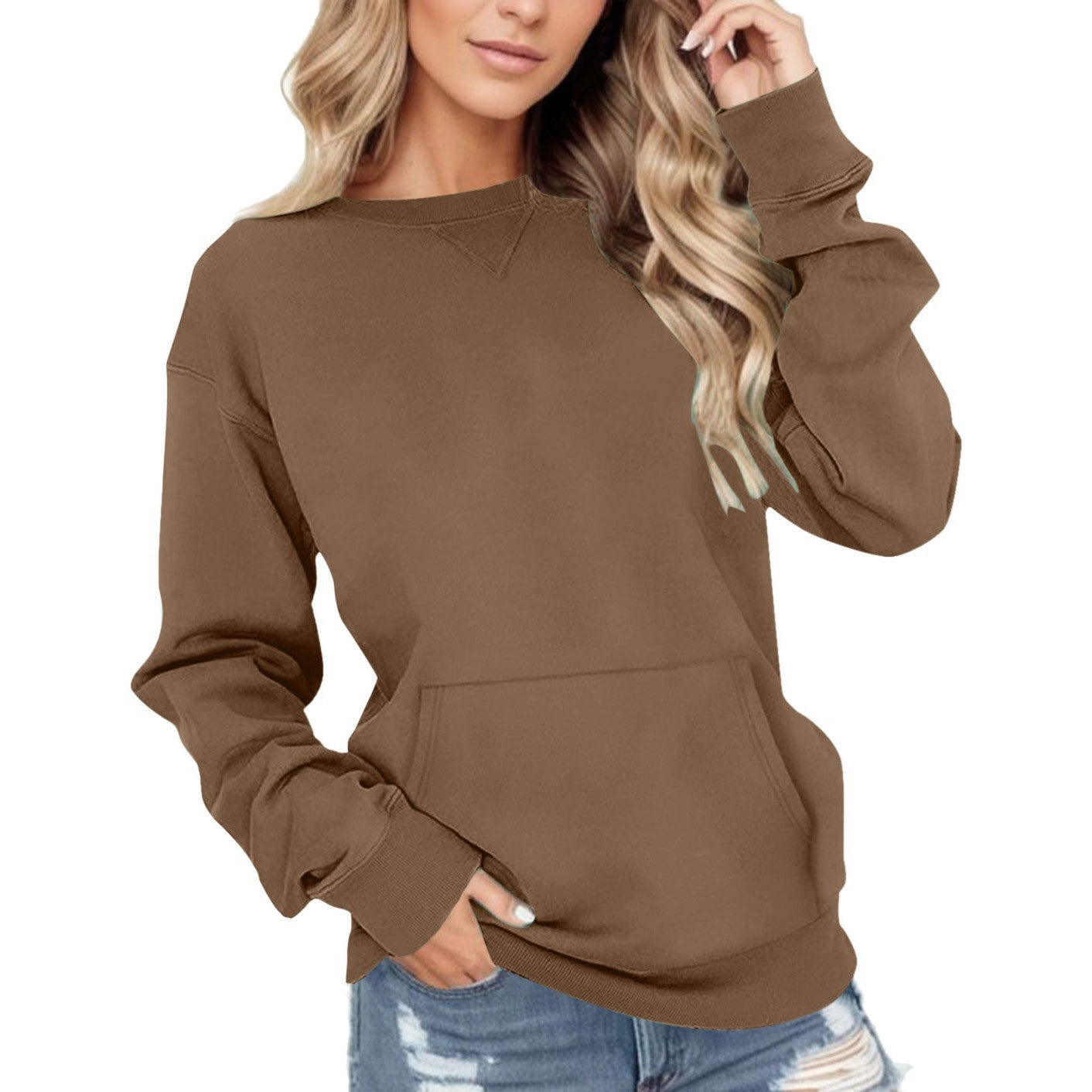 Casual Solid Color Long Sleeve Pocket Hoodie for Women