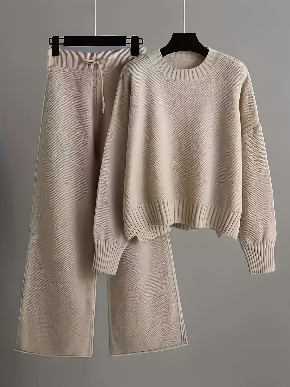 Ladies' Early Autumn New Sweater Fashion Two-piece Set: Unique Pattern Round Neck Drop Shoulder Long Sleeve Pullover + Straight Wide Leg Pants Combination, Loose And Casual Series