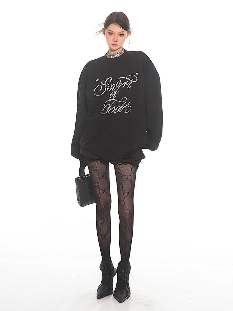 Pearl Inlaid Loose Round Neck Couple Sweater Top