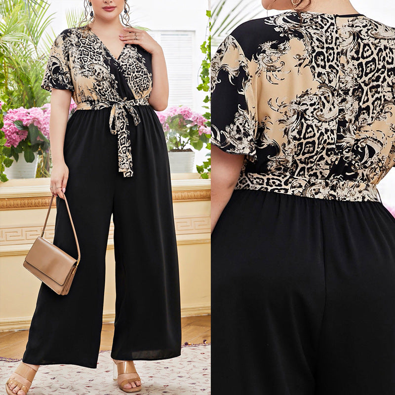 Plus-Size Floral Patchwork Wide-Leg Jumpsuit