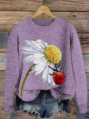 Chunky-knit Faux-sweater with Digital Print and Round Neckline