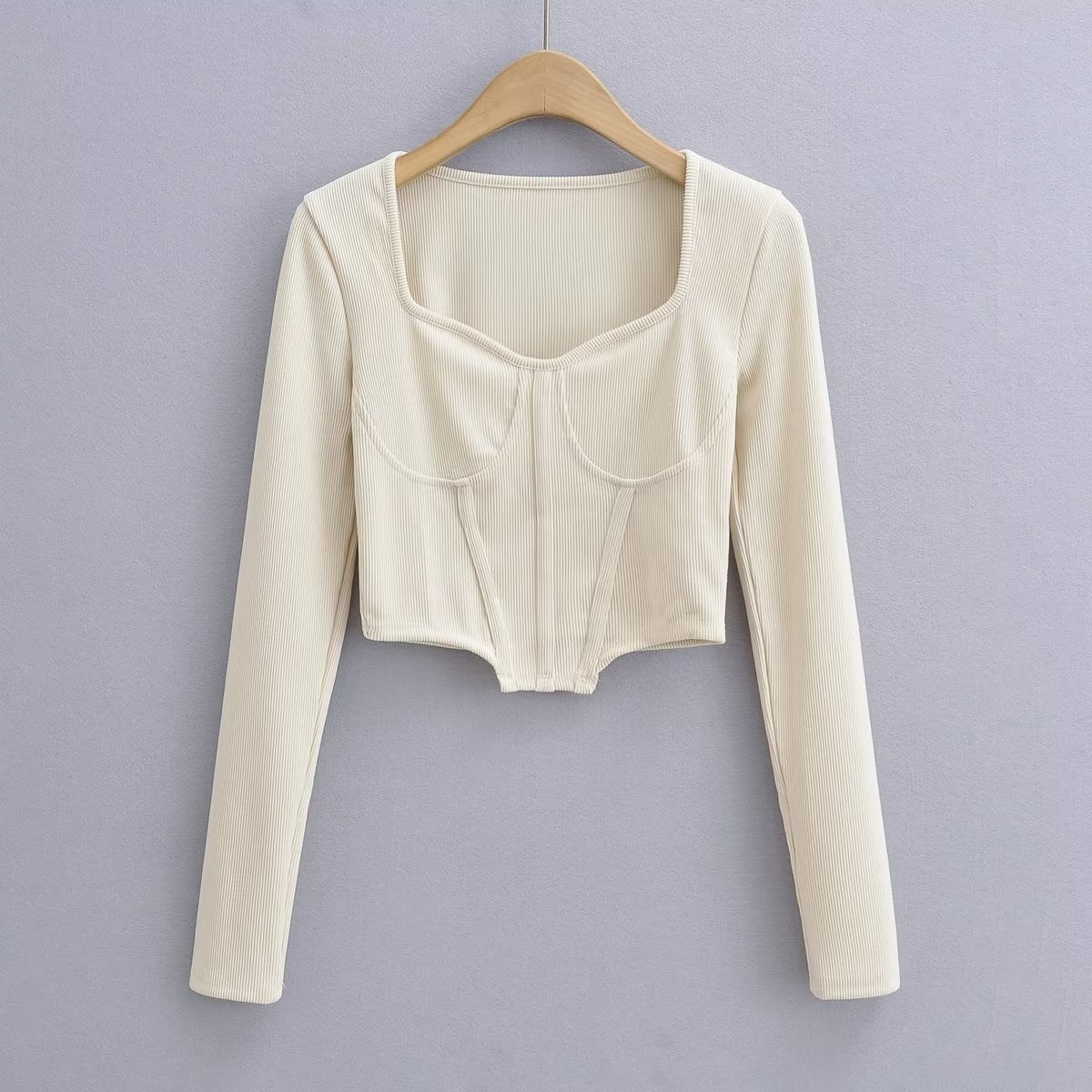 Slim Fit Open Waist Square Collar Long Sleeve Crop Top