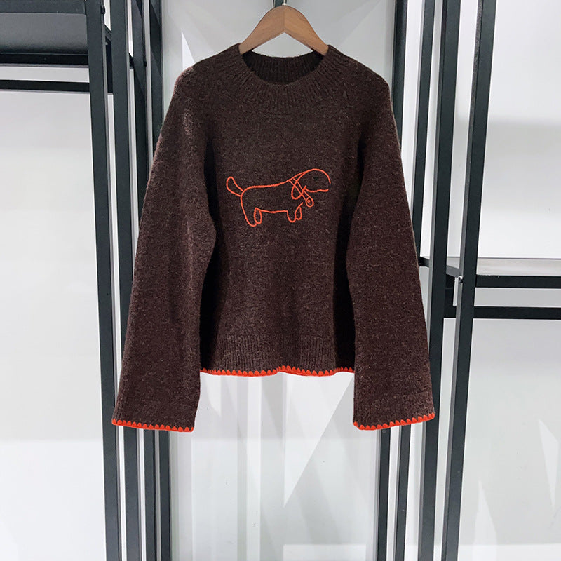 French-style Niche Cute Cartoon Puppy Sweater with a Round Neckline