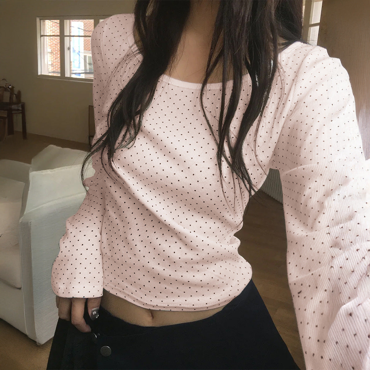 Polka Dot Casual Long‑Sleeve Resort Top – Trendy Japanese/Korean Style