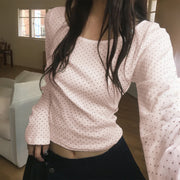 Polka Dot Casual Long‑Sleeve Resort Top – Trendy Japanese/Korean Style