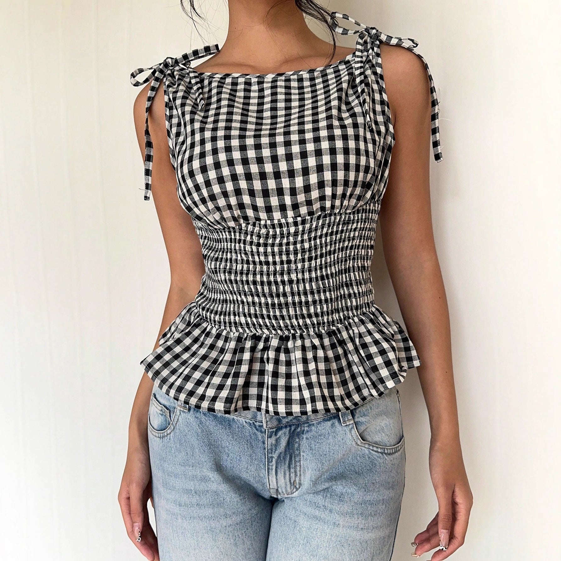 Womens Plaid Retro Romantic Date Afternoon Tea Bow-neck Slim-fit Ruffle-edged Vest