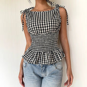 Womens Plaid Retro Romantic Date Afternoon Tea Bow-neck Slim-fit Ruffle-edged Vest