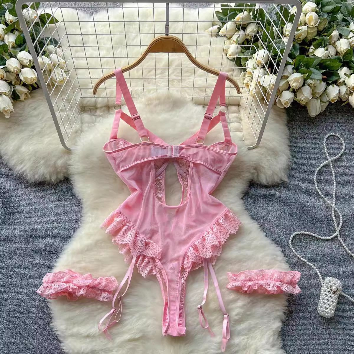 Lace Lace Lace Garter Split See-through Strappy Low-cut Hollow High Fork Jumpsuit