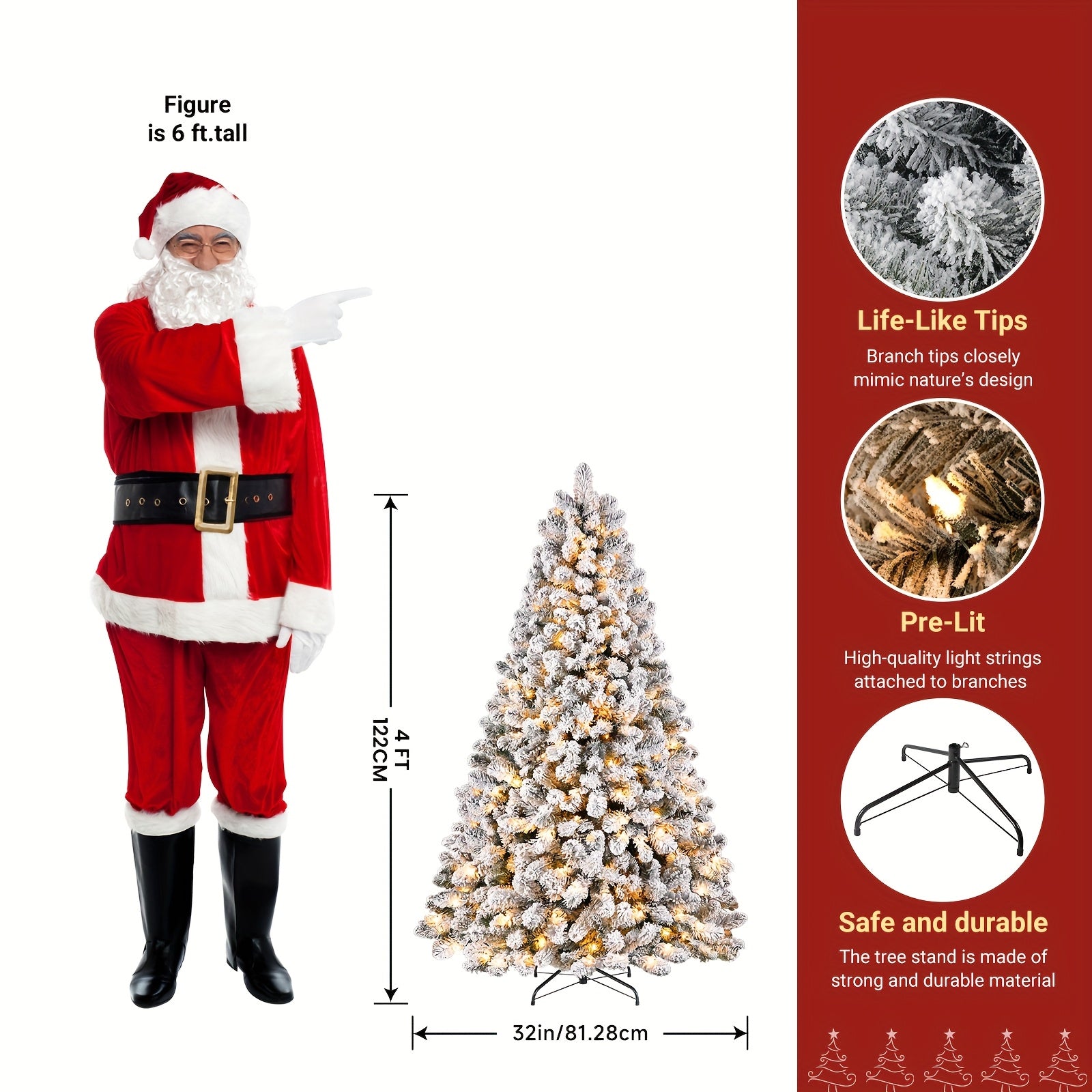 Snow Flocked Xmas Tree – 4–9ft, Warm Lights, Foldable Base