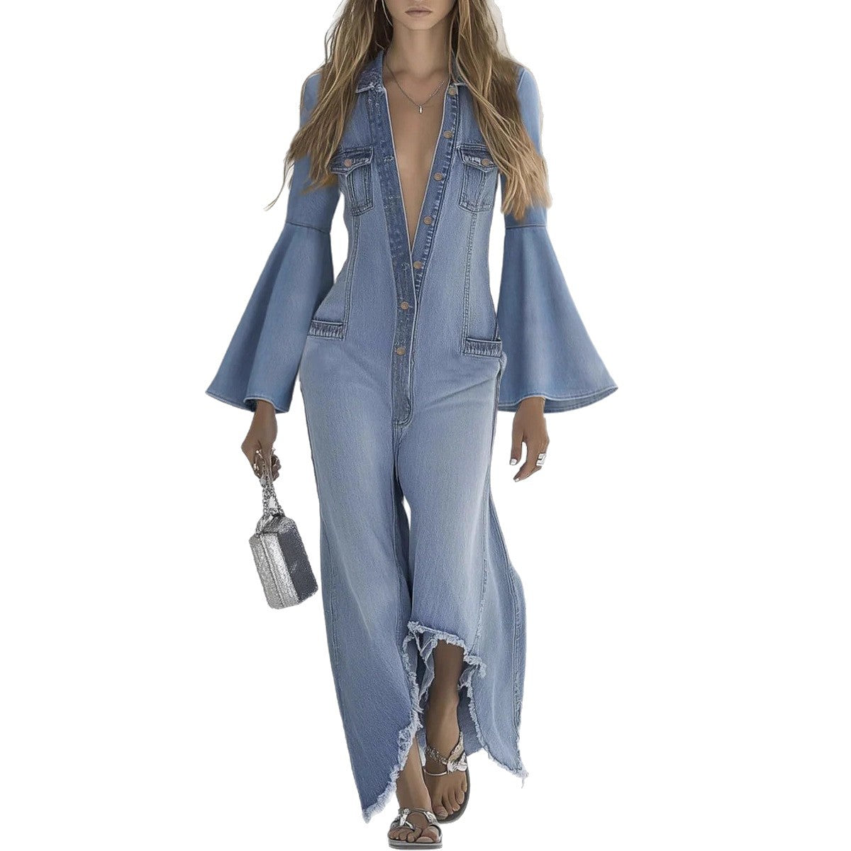 Women's Casual Single-Breasted Denim Jumpsuit