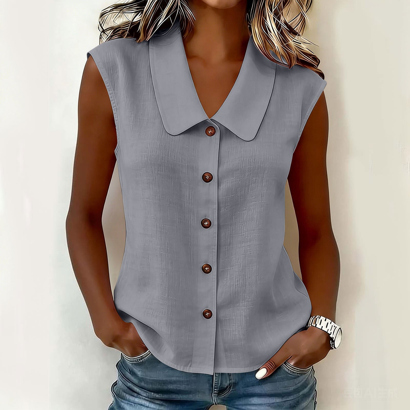 Womens Polo-neck Sleeveless Button-up Cardigan Top