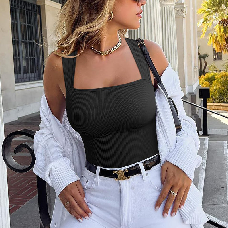 Sleeveless Square Neck Slim Fit Ribbed Jumpsuit