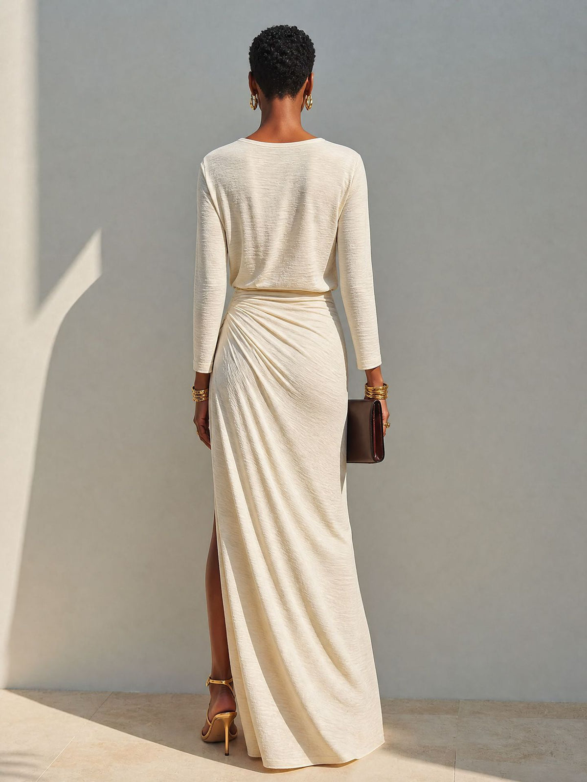 Elegant Long-Sleeve Bodycon Pleated Split Midi Dress