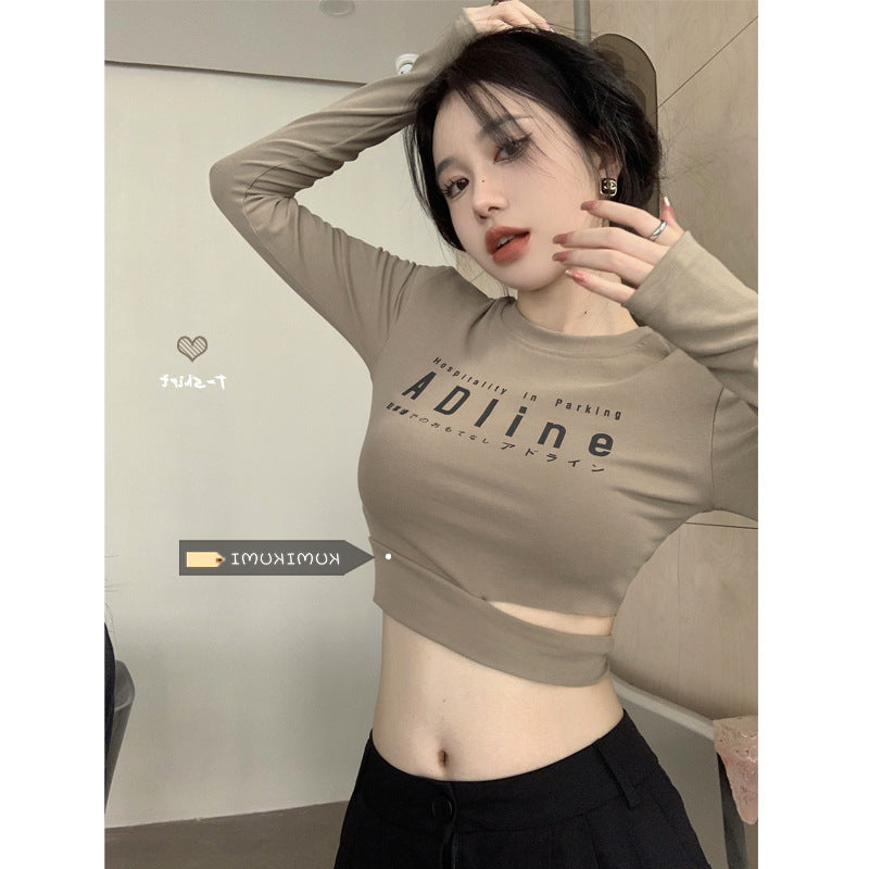 Y2K Letter Print Slim Fit Long-Sleeve Crop Top