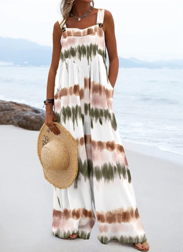 Chic Digital Print Button Romper with Wide Legs