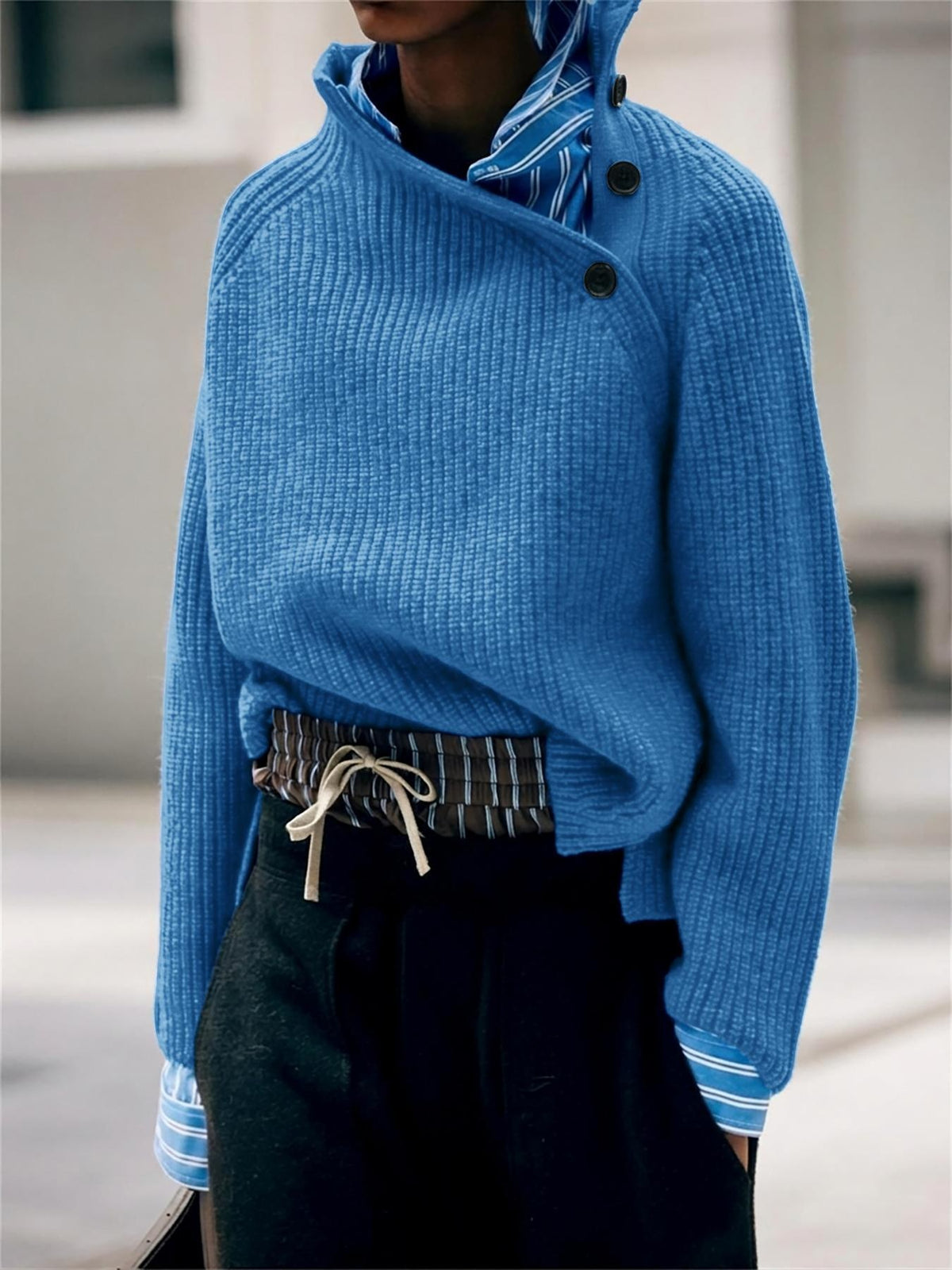Blue Asymmetric Button Stand Collar Vertical Rib Knit Sweater