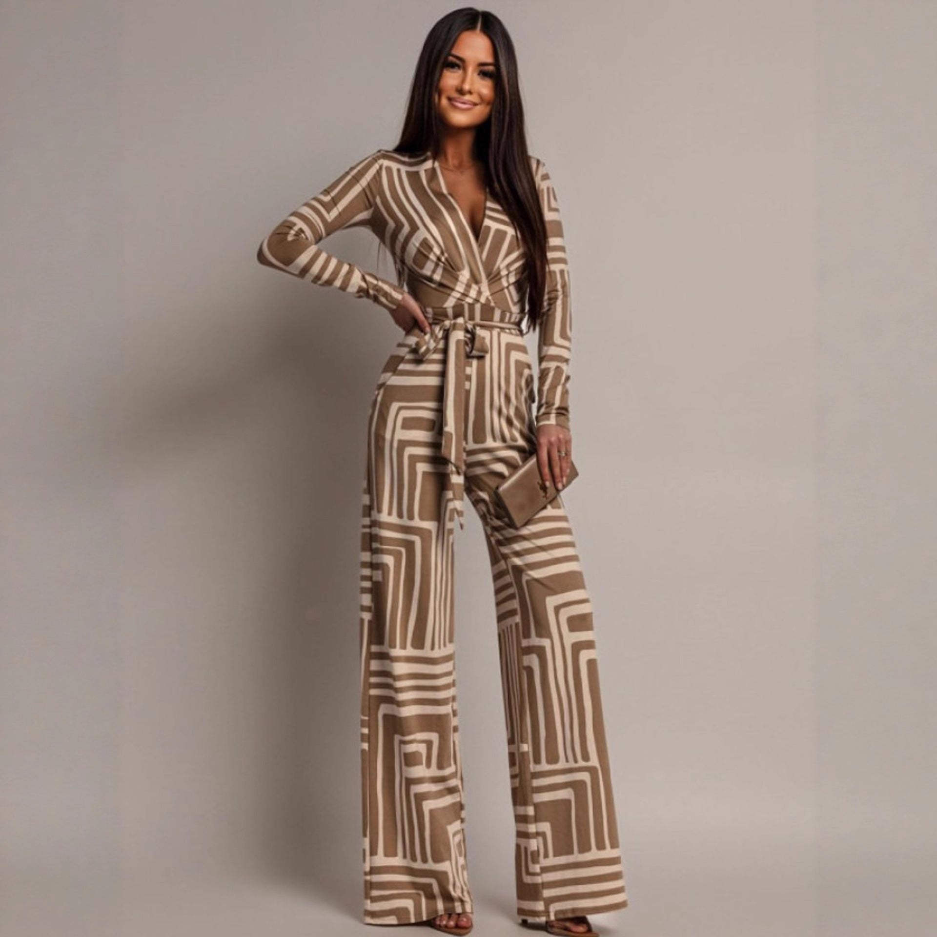 Elegant Deep V-Neck Long-Sleeve Wide-Leg Jumpsuit
